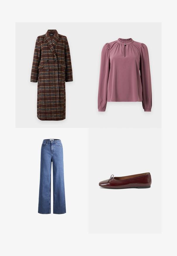 Dolg plašč z dvojnim zapenjanjem v rjavem karirastem vzorcu z rever ovratnikom, črnimi gumbi in žepi s poklopcem, prikazan na belem ozadju.; Mauve bluza s dolgimi rokavi z nabranim ovratnikom, ključavnico na vratu z zapiranjem na gumb ter rahlo napihnjenimi rameni.; Svijetloplave traper hlače širokih nogavica s visokim strukom, s dva prednja džepa i vidljivim šavovima. Ima kopčanje na gumb i zatvarač.; Burgundska patenti usnjeni baletni čevlji z zaobljenim prstom, majhnim lokom na sprednji strani in nizkim črnim gumijastim podplatom. Gladka tekstura.