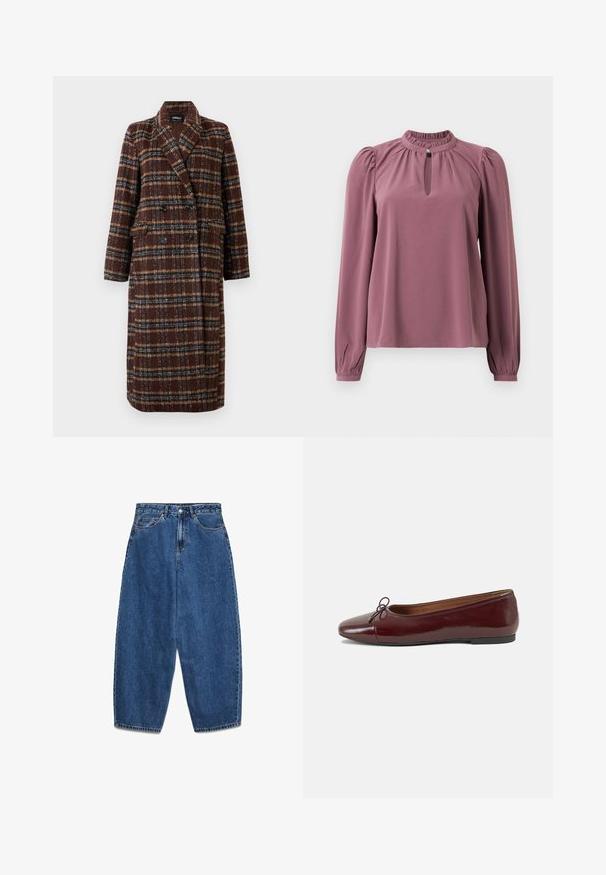 Dolg plašč z dvojnim zapenjanjem v rjavem karirastem vzorcu z rever ovratnikom, črnimi gumbi in žepi s poklopcem, prikazan na belem ozadju.; Mauve bluza s dolgimi rokavi z nabranim ovratnikom, ključavnico na vratu z zapiranjem na gumb ter rahlo napihnjenimi rameni.; Modre kavbojke iz jeansa z visokim pasom, sproščenim krojem in ravnimi hlačnicami. Klasičen dizajn s petimi žepi ter zadrgo in gumbom za zapenjanje.; Burgundska patenti usnjeni baletni čevlji z zaobljenim prstom, majhnim lokom na sprednji strani in nizkim črnim gumijastim podplatom. Gladka tekstura.