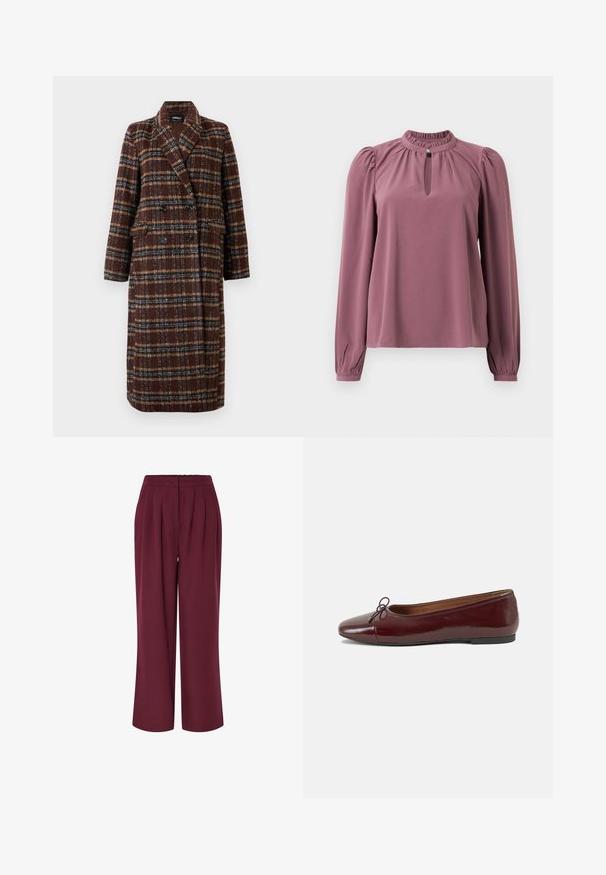 Palton lung, dublu-botonat, din material cu carouri maro, cu guler tip rever, nasturi negri și buzunare cu clapă, expus pe un fundal alb.; Bluză cu mânecă lungă în nuanța mauve, cu guler plisat, decolteu în formă de cheie cu închidere cu buton și umeri ușor bufanți.; Pantaloni largi din țesătură burgundă, cu pliuri frontale și talie elastică. Textură netedă, design de lungime completă.; Balerini din piele patent burgund cu vârful rotund, accent de fundiță mică în față și talpă joasă din cauciuc negru. Textură netedă.