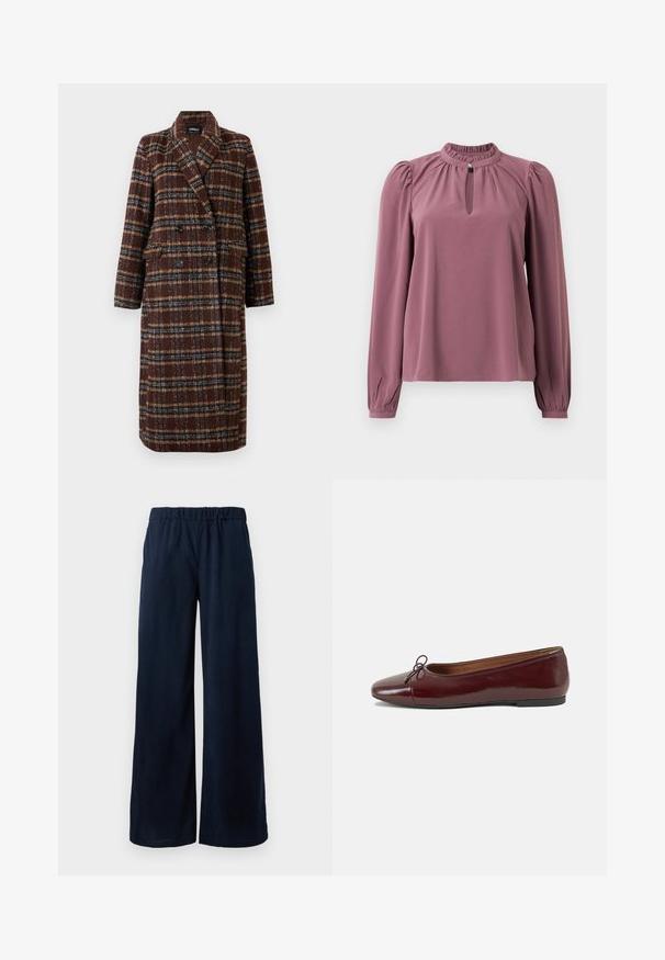 Pikk topeltkinnitatud pruuni ruudulise mustriga mantel, millel on krae, mustad nupud ja klapptaskud, esitatud valge tausta ees.; Pika-sleeve lillebluu, millel on kogutud krae, võtmeaugu dekoltee nööpide kinnitusega ja veidi puhvne õlavarred.; Tumesinine, laiad corduroy püksid elastse vöökohtaga, esitatud valge tausta ees.; Burgundi patendnahk kingad balletitüüpi, ümmarguse ninaosa, ees väike paelaaktsent ja madal must kummist tald. Sile tekstuur.