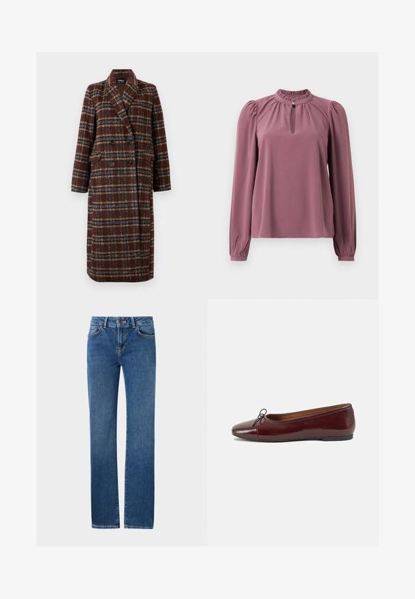 Duga dvoslojna smeđa kaput s kariranim uzorkom, s reverima, crnim gumbima i džepovima s preklopom, prikazana na bijeloj pozadini.; Bluzica dugih rukava u mauve boji s naboranim ovratnikom, izrezom u obliku ključa s kopčanjem na dugme i blago napuhanim ramenima.; Plave traperice s ravnim nogavicama. Značajke uključuju zatvaranje na gumbe, petlje za pojas i prednje džepove. Blago izblijedjela na bedrima.; Burgundska lakirana balerinka s zaobljenim vrhom, malim mašnom sprijeda i niskom, crnom gumenom potplatu. Glatka tekstura.