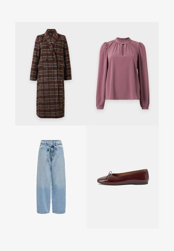 Duga dvoslojna smeđa kaput s kariranim uzorkom, s reverima, crnim gumbima i džepovima s preklopom, prikazana na bijeloj pozadini.; Bluzica dugih rukava u mauve boji s naboranim ovratnikom, izrezom u obliku ključa s kopčanjem na dugme i blago napuhanim ramenima.; Svijetloplave traper široke hlače s vezicom u struku, pet džepova i blago oštećenim završetkom s malim mrljama kroz cijelu površinu.; Burgundska lakirana balerinka s zaobljenim vrhom, malim mašnom sprijeda i niskom, crnom gumenom potplatu. Glatka tekstura.