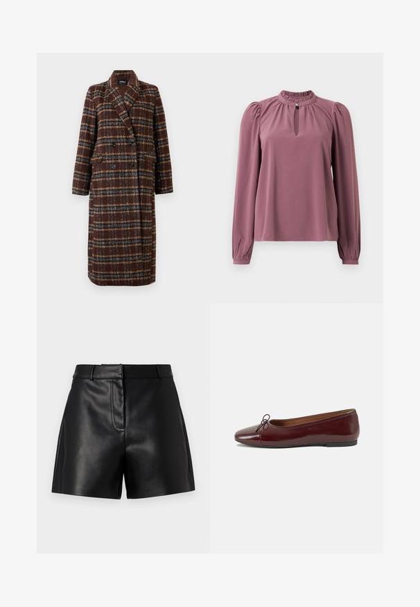 Palton lung, dublu-botonat, din material cu carouri maro, cu guler tip rever, nasturi negri și buzunare cu clapă, expus pe un fundal alb.; Bluză cu mânecă lungă în nuanța mauve, cu guler plisat, decolteu în formă de cheie cu închidere cu buton și umeri ușor bufanți.; Shorts din piele neagră cu o textură netedă, având un tiv ajustat, detalii cu cusături în față și fante laterale pentru un plus de stil.; Balerini din piele patent burgund cu vârful rotund, accent de fundiță mică în față și talpă joasă din cauciuc negru. Textură netedă.