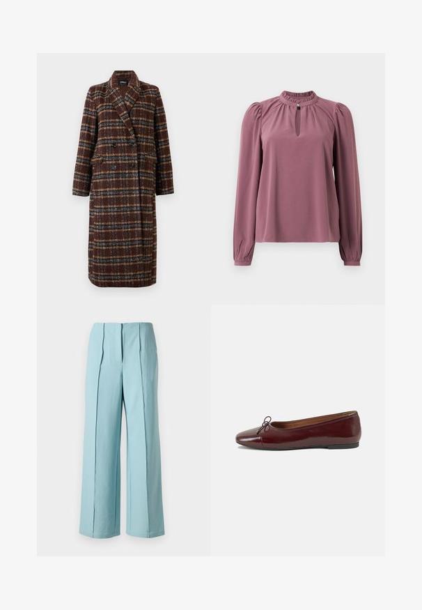 Długi brązowy płaszcz w kratę z podwójnym zapięciem, z klapami, czarnymi guzikami i kieszeniami z klapami, wyeksponowany na białym tle.; Bluzka z długim rękawem w kolorze mauve z marszczonym kołnierzykiem, dekoltem w kształcie łezki zapinanym na guzik oraz lekko bufiastymi ramionami.; Jasnoniebieskie spodnie szerokie w nogawkach z pionowymi zakładkami, uszyte z gładkiego materiału, z wysokim stanem i prostymi detalami szwów.; Bordowe baleriny z lakierowanej skóry z zaokrąglonym noskiem, małą kokardką z przodu oraz niską, czarną gumową podeszwą. Gładka tekstura.