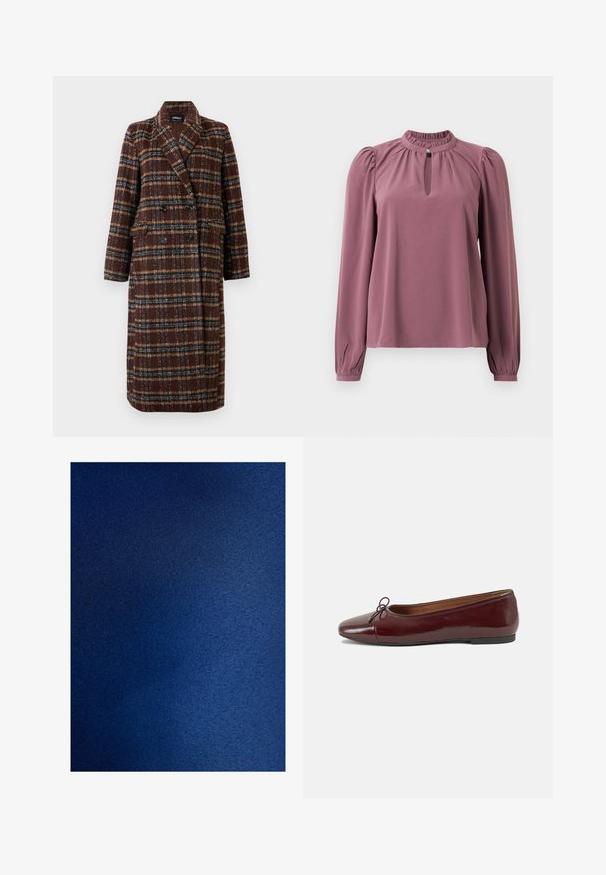 Hosszú, dupla soros barna kockás kabát, kapucnis gallérral, fekete gombokkal és hajtókás zsebekkel, fehér háttér előtt bemutatva.; Hosszan ujjú mályva blúz, gyűrt gallérral, kislyukú nyakkivágással, gombos záródással és enyhén puffos vállakkal.; Sötétkék szövet, sima, enyhén fénylő textúrával. Egységes szín, finom árnyalateltérésekkel, gazdag megjelenést kölcsönözve.; Burgundi lakkbőr balettcipő kerek orral, elöl kis masni díszítéssel és alacsony, fekete gumi talppal. Simára csiszolt felület.