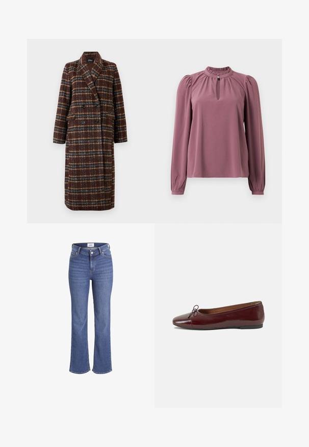 Pikk topeltkinnitatud pruuni ruudulise mustriga mantel, millel on krae, mustad nupud ja klapptaskud, esitatud valge tausta ees.; Pika-sleeve lillebluu, millel on kogutud krae, võtmeaugu dekoltee nööpide kinnitusega ja veidi puhvne õlavarred.; Tumed sinised teksad kõrge vöökohaga, laia säärega ning traditsioonilise viie taskuga disainiga. Omab nähtavat õmblust ja esist nuppude sulgemist.; Burgundi patendnahk kingad balletitüüpi, ümmarguse ninaosa, ees väike paelaaktsent ja madal must kummist tald. Sile tekstuur.