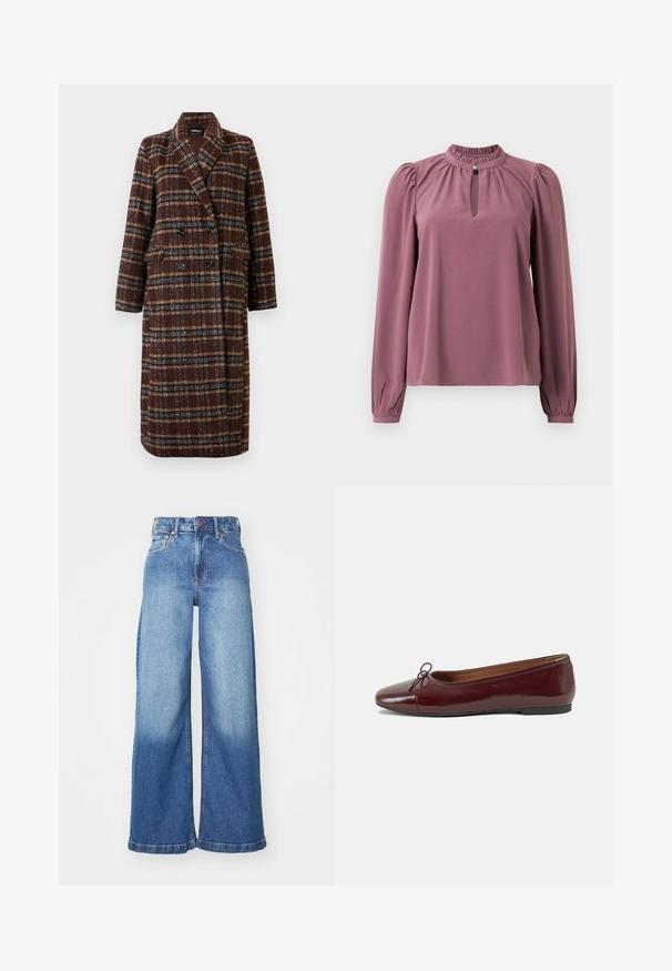 Palton lung, dublu-botonat, din material cu carouri maro, cu guler tip rever, nasturi negri și buzunare cu clapă, expus pe un fundal alb.; Bluză cu mânecă lungă în nuanța mauve, cu guler plisat, decolteu în formă de cheie cu închidere cu buton și umeri ușor bufanți.; Jeans din denim albastru, cu talie înaltă și pantaloni largi, cu nasture frontal, fermoar și design clasic cu cinci buzunare.; Balerini din piele patent burgund cu vârful rotund, accent de fundiță mică în față și talpă joasă din cauciuc negru. Textură netedă.
