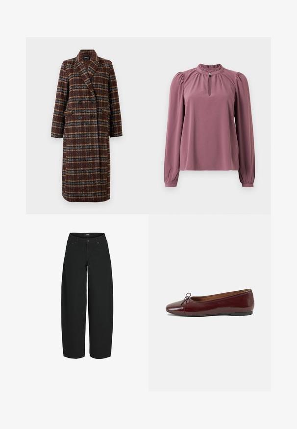 Casaco xadrez castanho de dupla face, com colarinho de lapela, botões pretos e bolsos de aba, exibido sobre um fundo branco.; Blusa de manga longa em cor malva com gola franzida, decote em forma de olho de fechadura com fechamento por botão e ombros ligeiramente bufantes.; Calças de ganga largas pretas feitas de algodão, com uma cintura alta, bolsos frontais e fecho de botão. Design simples e versátil.; Bailarinas em couro sintético borgonha com bico redondo, pequeno laço na frente e sola baixa em borracha preta. Textura suave.