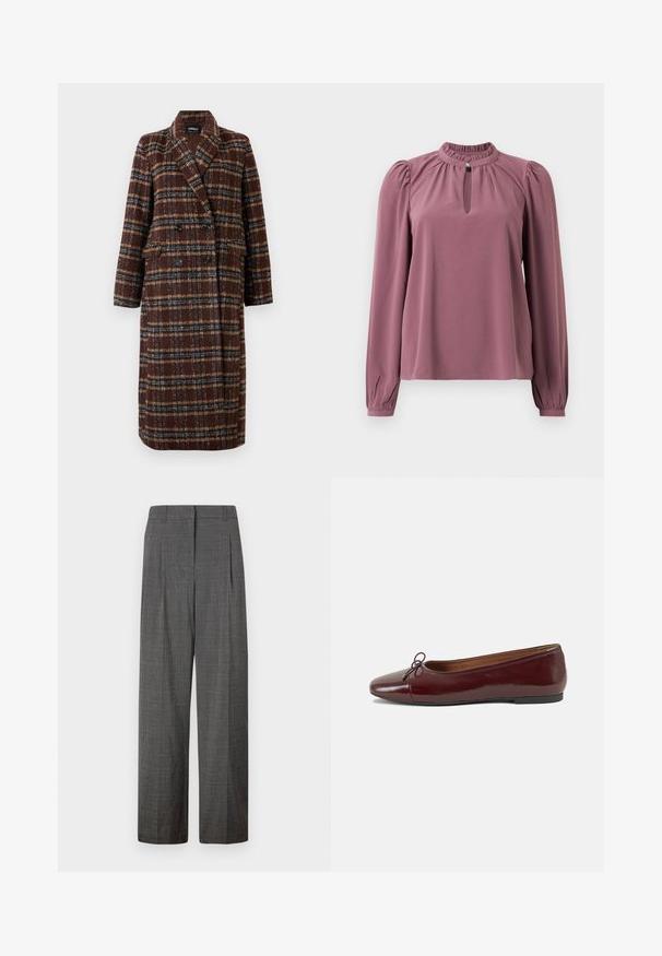 Duga dvoslojna smeđa kaput s kariranim uzorkom, s reverima, crnim gumbima i džepovima s preklopom, prikazana na bijeloj pozadini.; Bluzica dugih rukava u mauve boji s naboranim ovratnikom, izrezom u obliku ključa s kopčanjem na dugme i blago napuhanim ramenima.; Vero Moda VMSIKITA WIDE DAD PANT - Hlače - medium grey/black; Burgundska lakirana balerinka s zaobljenim vrhom, malim mašnom sprijeda i niskom, crnom gumenom potplatu. Glatka tekstura.