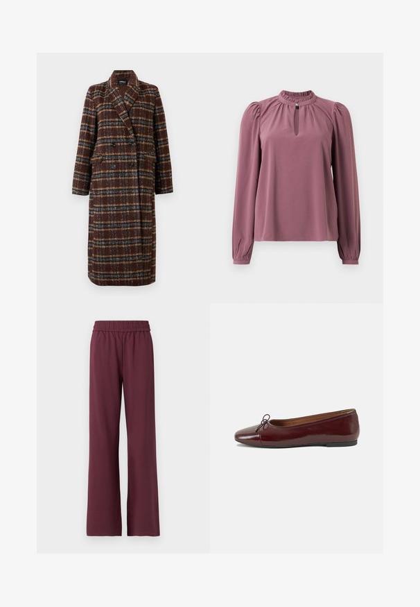 Langer brauner Karo-Doppelreiher-Mantel mit Reverskragen, schwarzen Knöpfen und Klappentaschen, vor einem weißen Hintergrund präsentiert.; Langärmlige mauve Bluse mit gerafftem Kragen, Schlüsselloch-Ausschnitt mit Knopfverschluss und leicht gepufften Schultern.; Burgunderfarbene weit geschnittene Hose mit elastischem Bund, aus weichem Material, mit glatter Textur und komfortablem Sitz.; Burgunderfarbenes, lackiertes Ballettschuh mit abgerundetem Zehenbereich, kleiner Schleifenakzent vorne und einer niedrigen, schwarzen Gummisohle. Glatte Textur.