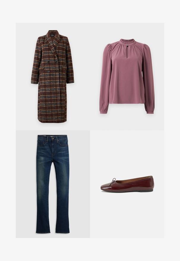 Hosszú, dupla soros barna kockás kabát, kapucnis gallérral, fekete gombokkal és hajtókás zsebekkel, fehér háttér előtt bemutatva.; Hosszan ujjú mályva blúz, gyűrt gallérral, kislyukú nyakkivágással, gombos záródással és enyhén puffos vállakkal.; Sötétkék farmernadrág egyenes szabású kialakítással, öt zsebes stílussal és enyhe koptatási részletekkel az elején.; Burgundi lakkbőr balettcipő kerek orral, elöl kis masni díszítéssel és alacsony, fekete gumi talppal. Simára csiszolt felület.