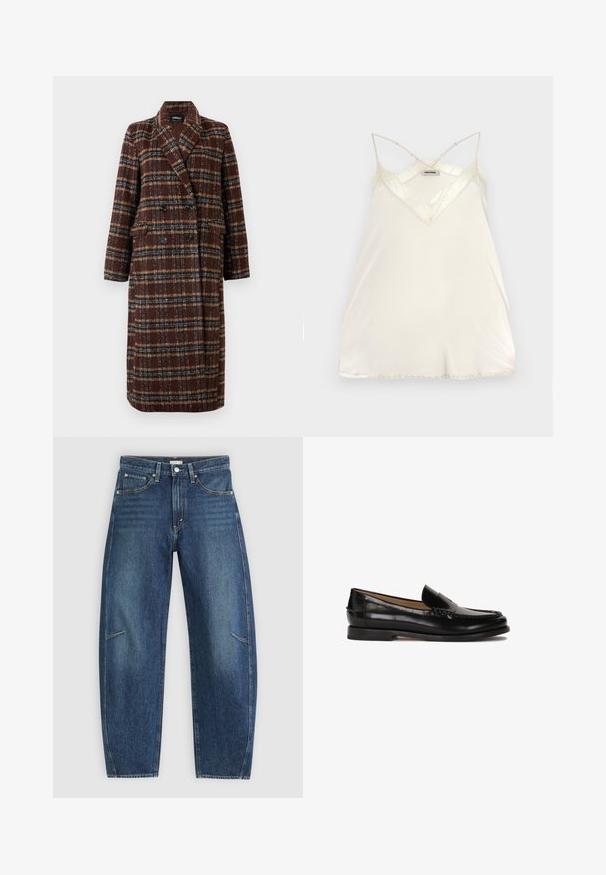Abrigo de cuadro marrón de doble botonadura largo con cuello de solapa, botones negros y bolsillos con solapa, exhibido contra un fondo blanco.; Camiseta de crema clara con tirantes ajustables, diseño de escote en V y acentos de encaje en el escote y el dobladillo para un detalle añadido.; Jeans de mezclilla azul oscuro con un diseño de pierna recta, que cuentan con bolsillos frontales, costuras en contraste y una sutil textura desgastada en las piernas.; Mocasín de cuero negro con puntera redondeada, diseño deslizante y detalles de costura sutiles a lo largo de la parte superior. Suela de goma plana.