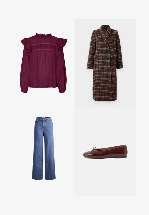 Lang, dobbeltradet brun plaidfrakke med reverskrave, sorte knapper og klaplommer, præsenteret mod en hvid baggrund.; Bordeaux-bluse med rynkede ærmer, stribet detalje ved brystet, lavet af letvægtsstof med en subtil prikket tekstur.; Lyseblå denim brede bukser med høj talje, to frontlommer og synlige stikninger. Har en knap- og lynlåslukning.; Bordeaux patentlæder balletflad med rund tå, lille sløjfeaccent foran og en lav, sort gummisål. Glat tekstur.