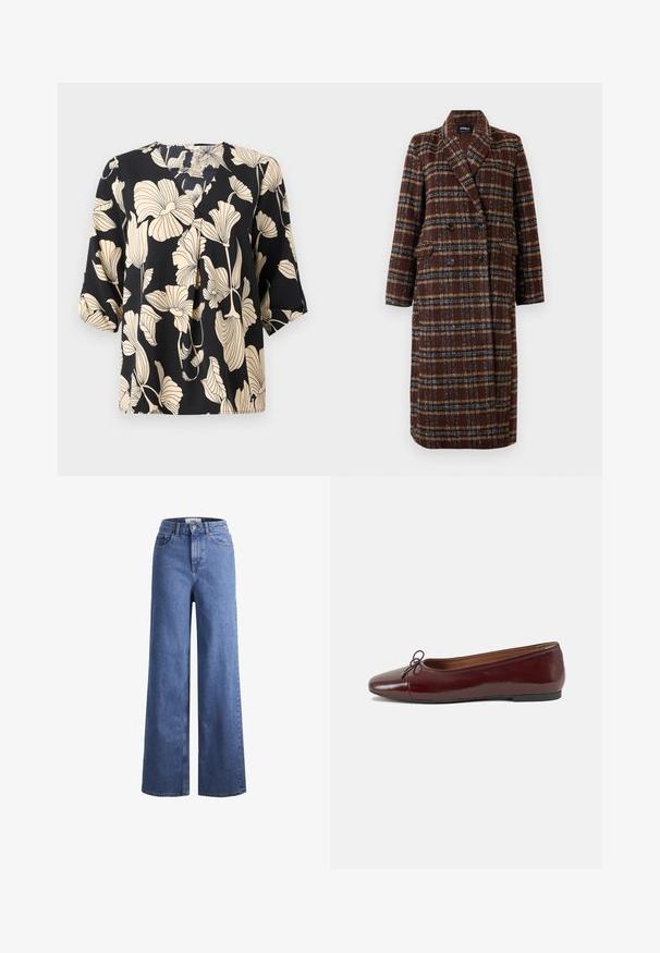 Casaco xadrez castanho de dupla face, com colarinho de lapela, botões pretos e bolsos de aba, exibido sobre um fundo branco.; Blusa preta com padrão floral em bege, confeccionada em tecido leve. Apresenta um corte solto e mangas curtas com um detalhe de pregas subtil.; Jeans de ganga azul claro, de perna larga e cintura alta, com dois bolsos frontais e costuras visíveis. Apresenta um fecho de botão e zíper.; Bailarinas em couro sintético borgonha com bico redondo, pequeno laço na frente e sola baixa em borracha preta. Textura suave.