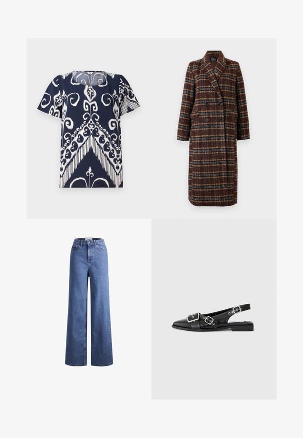 Casaco xadrez castanho de dupla face, com colarinho de lapela, botões pretos e bolsos de aba, exibido sobre um fundo branco.; Top azul-marinho com padrão abstrato floral e geométrico branco. Decote redondo, mangas curtas, tecido macio com um acabamento ligeiramente texturizado.; Jeans de ganga azul claro, de perna larga e cintura alta, com dois bolsos frontais e costuras visíveis. Apresenta um fecho de botão e zíper.; Sapato slingback preto em couro com bico pontiagudo, duas fivelas prateadas e um salto baixo em bloco. Apresenta um cabedal texturizado e parte de trás aberta.
