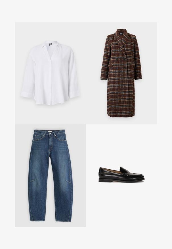 Dlhý hnedý károvaný kabát na dvojité zapínanie s klopovým golierom, čiernymi gombíkmi a vreckami s chlopňou, vystavený na bielom pozadí.; Biela dlhá bavlnená košeľa s golierom, s výstrihom do "V" a jemným skladaním. Má uvoľnený strih a manžety s obrúbeným okrajom.; Tmavomodré riflové nohavice so strihom rovného nohu, ktoré majú predné vrecká, kontrastné šitie a jemnú vyblednutú textúru na nohách.; Čierne kožené loafery s okrúhlou špičkou, bez zapínania, a jemnými švovými detailmi pozdĺž hornej časti. Plátená gumená podrážka.