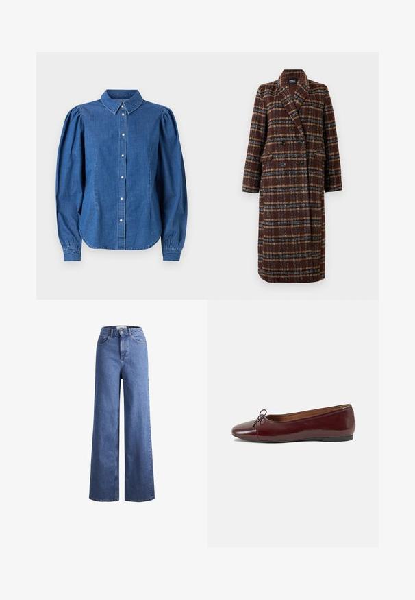 Hosszú, dupla soros barna kockás kabát, kapucnis gallérral, fekete gombokkal és hajtókás zsebekkel, fehér háttér előtt bemutatva.; Világoskék denimszting, gombos elülső résszel és szabott gallérral. Puffadt hosszú ujjak és ívelt hem jellemzi.; Világoskék, széles szárú farmernadrág magas derékkal, két elülső zsebbel és látható varrással. Gombos és cipzáros záródás.; Burgundi lakkbőr balettcipő kerek orral, elöl kis masni díszítéssel és alacsony, fekete gumi talppal. Simára csiszolt felület.