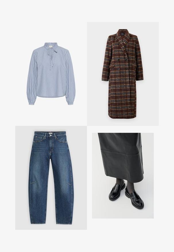 Long double-breasted brown plaid coat with lapel collar, black buttons, and flap pockets, displayed against a white background.; Kaffe MILINA - Blouse - windward blue melange stripe; Dark blue denim jeans with a straight-leg design, featuring front pockets, contrast stitching, and a subtle faded texture on the legs.; Black leather loafers with a smooth finish, featuring a decorative strap, round toe, and textured sole. Worn with a long black leather skirt.