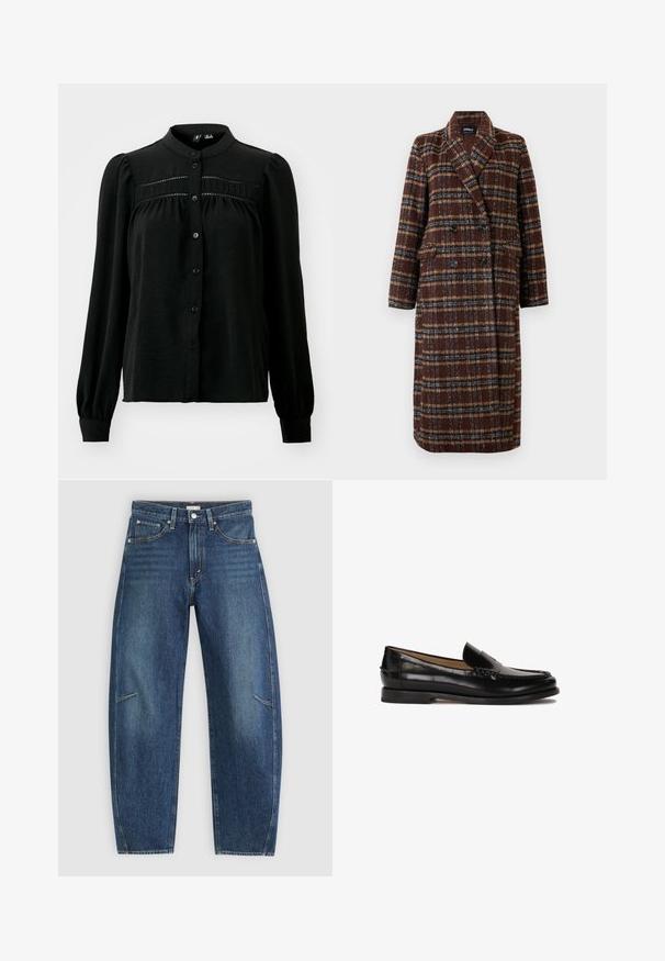Long double-breasted brown plaid coat with lapel collar, black buttons, and flap pockets, displayed against a white background.; Vero Moda VMEMMA - Button-down blouse - black; Black turtleneck long-sleeve top, made of ribbed fabric, features a fitted design with a high neckline and no patterns or accents.; Dark blue denim jeans with a straight-leg design, featuring front pockets, contrast stitching, and a subtle faded texture on the legs.; Black leather loafer with a rounded toe, slip-on design, and subtle stitching details along the upper. Flat rubber sole.