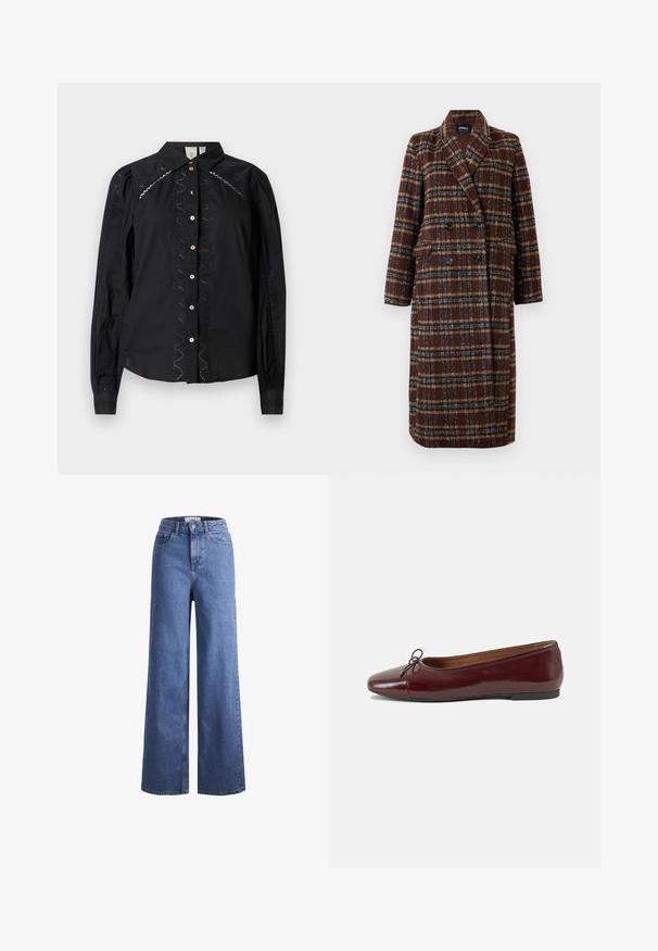 Long double-breasted brown plaid coat with lapel collar, black buttons, and flap pockets, displayed against a white background.; Black button-up shirt featuring long sleeves, embroidered accents along the sides, and contrasting buttons. Crisp fabric with a structured collar.; Light blue denim wide-leg jeans with a high waist, two front pockets, and visible stitching. Features a button and zipper closure.; Burgundy patent leather ballet flat with a rounded toe, small bow accent at the front, and a low, black rubber sole. Smooth texture.