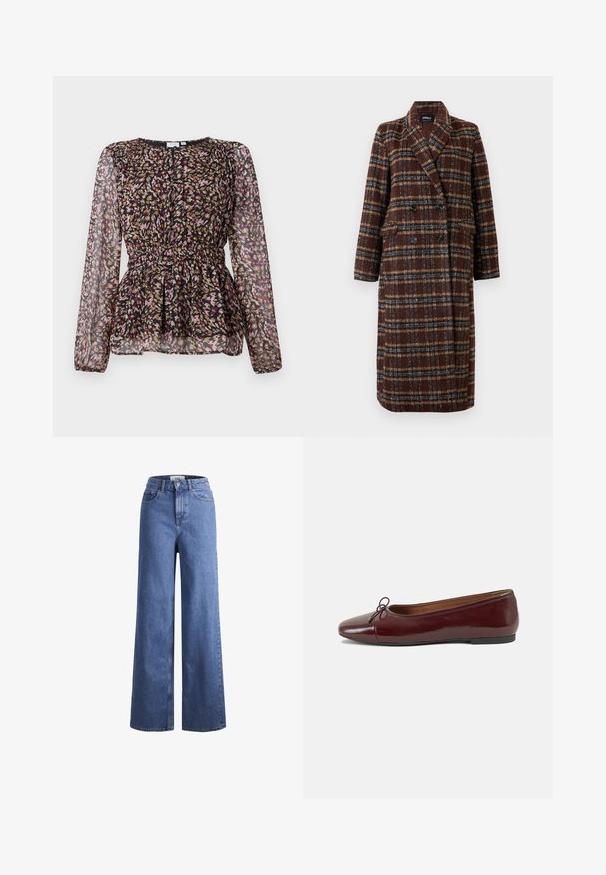 Long double-breasted brown plaid coat with lapel collar, black buttons, and flap pockets, displayed against a white background.; Black blouse with long sheer sleeves, featuring a colorful abstract print in pink, gold, and brown. Gathered waist and pleated design detail.; Light blue denim wide-leg jeans with a high waist, two front pockets, and visible stitching. Features a button and zipper closure.; Burgundy patent leather ballet flat with a rounded toe, small bow accent at the front, and a low, black rubber sole. Smooth texture.