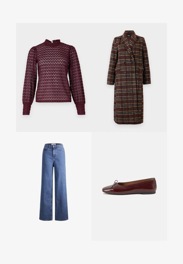 Gara divrindas brūna raibā mētelis ar atloku apkakli, melniem pogām un kabatām ar vāciņu, izstādīta pret baltu fona.; Burgundijas krāsas garās piedurknes tops ar augstu kaklu, teksturētu rakstu un sapludinātām piedurknēm. Izgatavots no viegla, puscaurspīdīga auduma.; Gai zili džinsi ar platu kāju un augstu jostu, divas priekšējās kabatas un redzamu šuvju. Iekļauj pogas un rāvējslēdzēja aizdari.; Burgundijas laku ādas baleta kurpes ar noapaļotu purngalu, nelielu loku akcentu priekšā un zemu melnu gumijas zoli. Gluda tekstūra.