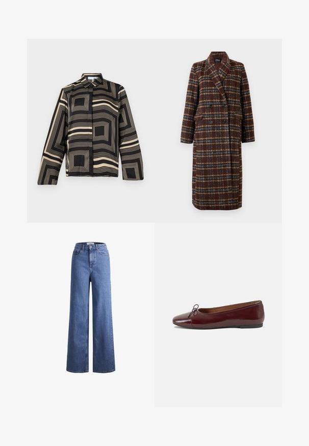 Ilgas dvigubas rudas langeliais paltas su apykakle, juodais mygtukais ir kišenėmis su atvartais, eksponuojamas ant balto fono.; Juodas ir smėlinis marškiniai su geometriniu raštu, ilgomis rankovėmis, apykakle ir laisvu kirpimu, pagaminti iš lygios, blizgios medžiagos.; Šviesiai mėlynos džinsinės kelnės plačiu sijonu ir aukštu liemeniu, su dviem priekinių kišenių ir matomu siuvimu. Su mygtuko ir užtrauktuko uždarymu.; Bordo lakiotos odos baleto bateliai su apvalia nosimi, maža kaspinėlio akcentu priekyje ir žema juoda guma padanga. Lygi tekstūra.