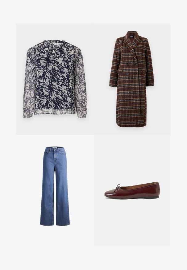 Hosszú, dupla soros barna kockás kabát, kapucnis gallérral, fekete gombokkal és hajtókás zsebekkel, fehér háttér előtt bemutatva.; Sötétkék blúz virágmintával fehér színben, pliszírozott nyakkivágással és hosszú ujjakkal, egy sima fehér háttér előtt.; Világoskék, széles szárú farmernadrág magas derékkal, két elülső zsebbel és látható varrással. Gombos és cipzáros záródás.; Burgundi lakkbőr balettcipő kerek orral, elöl kis masni díszítéssel és alacsony, fekete gumi talppal. Simára csiszolt felület.