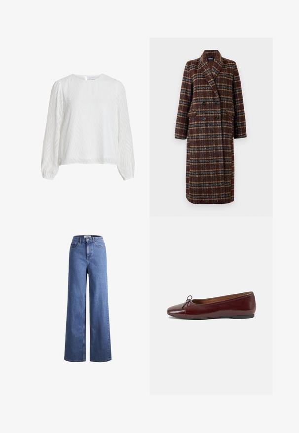 Dolg plašč z dvojnim zapenjanjem v rjavem karirastem vzorcu z rever ovratnikom, črnimi gumbi in žepi s poklopcem, prikazan na belem ozadju.; Bela bluza z dolgimi rokavi z subtilnim valovitim teksturnim vzorcem, okrogel ovratnik in gumb zapiranje na hrbtni strani.; Svijetloplave traper hlače širokih nogavica s visokim strukom, s dva prednja džepa i vidljivim šavovima. Ima kopčanje na gumb i zatvarač.; Burgundska patenti usnjeni baletni čevlji z zaobljenim prstom, majhnim lokom na sprednji strani in nizkim črnim gumijastim podplatom. Gladka tekstura.