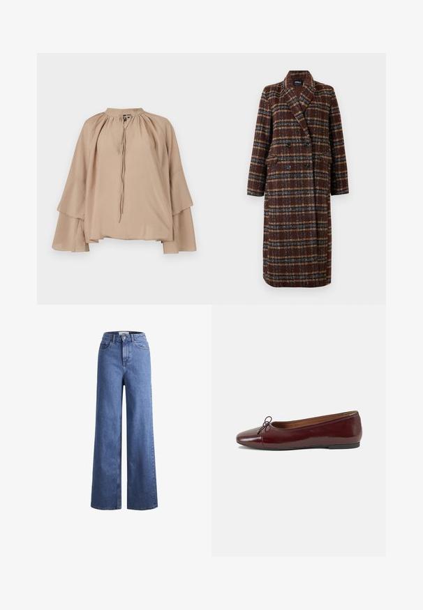 Langer brauner Karo-Doppelreiher-Mantel mit Reverskragen, schwarzen Knöpfen und Klappentaschen, vor einem weißen Hintergrund präsentiert.; Beige Bluse aus leichtem Stoff, mit langen Glockenärmeln, gerafftem Ausschnitt mit einer Schleife und einer lockeren, lässigen Passform.; Helleblaue Denim-Weite-Leg-Jeans mit hoher Taille, zwei vorderen Taschen und sichtbarer Naht. Mit Knopf- und Reißverschluss.; Burgunderfarbenes, lackiertes Ballettschuh mit abgerundetem Zehenbereich, kleiner Schleifenakzent vorne und einer niedrigen, schwarzen Gummisohle. Glatte Textur.