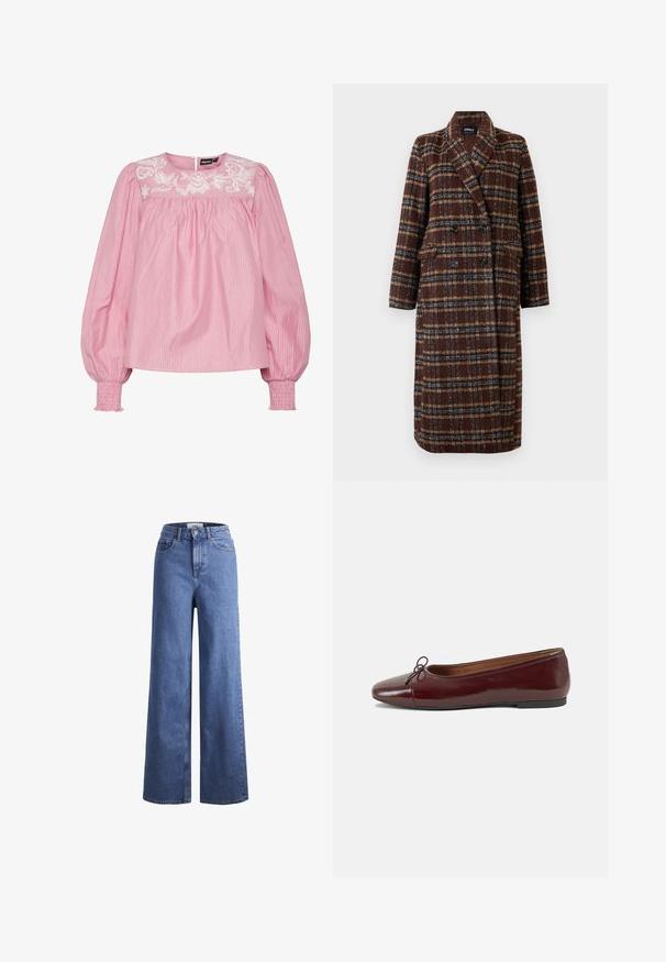Dlouhý hnědý kostkovaný kabát na dvouřadé zapínání s klopovým límcem, černými knoflíky a kapsami s klopou, vystavený na bílém pozadí.; Růžová pruhovaná blůza s kulatým výstřihem, elastickými manžetami a vyšívaným květinovým vzorem na léze. Vyrobena z lehkého materiálu.; Svetle modré denimové široké kalhoty s vysokým pasem, dvěma předními kapsami a viditelným švem. Obsahují knoflíkový a zipový uzávěr.; Burgundské lakové baleríny s kulatou špičkou, malou mašlí vpředu a nízkou černou gumovou podrážkou. Hladký povrch.