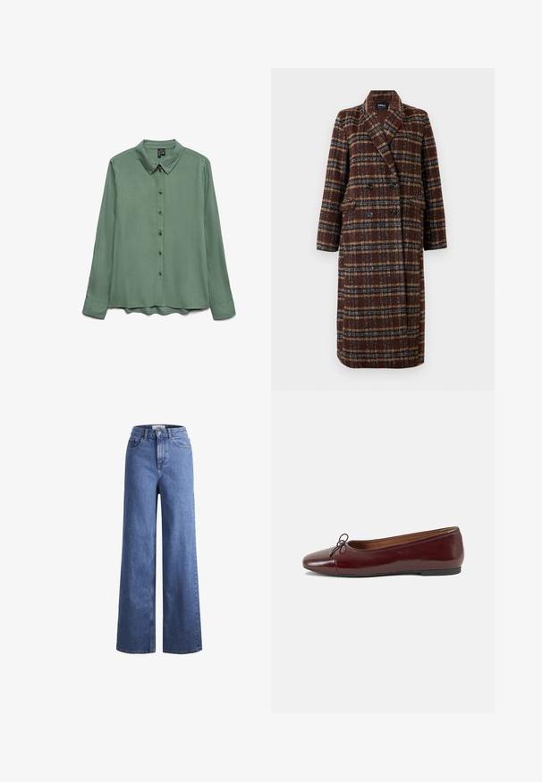 Abrigo de cuadro marrón de doble botonadura largo con cuello de solapa, botones negros y bolsillos con solapa, exhibido contra un fondo blanco.; Camisa de manga larga en verde salvia, hecha de una tela suave. Presenta un cuello con puntas, cierre de botones y un dobladillo ligeramente curvado.; Jeans de mezclilla de tiro alto, de pierna ancha, en azul claro, con dos bolsillos delanteros y costuras visibles. Cuentan con un cierre de botón y cremallera.; Bailarina de charol burdeos con punta redonda, pequeño lazo en la parte frontal y una suela baja de goma negra. Textura suave.