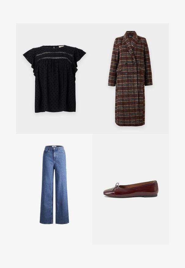 Long double-breasted brown plaid coat with lapel collar, black buttons, and flap pockets, displayed against a white background.; Navy blue top with short flutter sleeves, featuring a textured pattern and lace detail across the chest. Back neckline closure.; Light blue denim wide-leg jeans with a high waist, two front pockets, and visible stitching. Features a button and zipper closure.; Burgundy patent leather ballet flat with a rounded toe, small bow accent at the front, and a low, black rubber sole. Smooth texture.