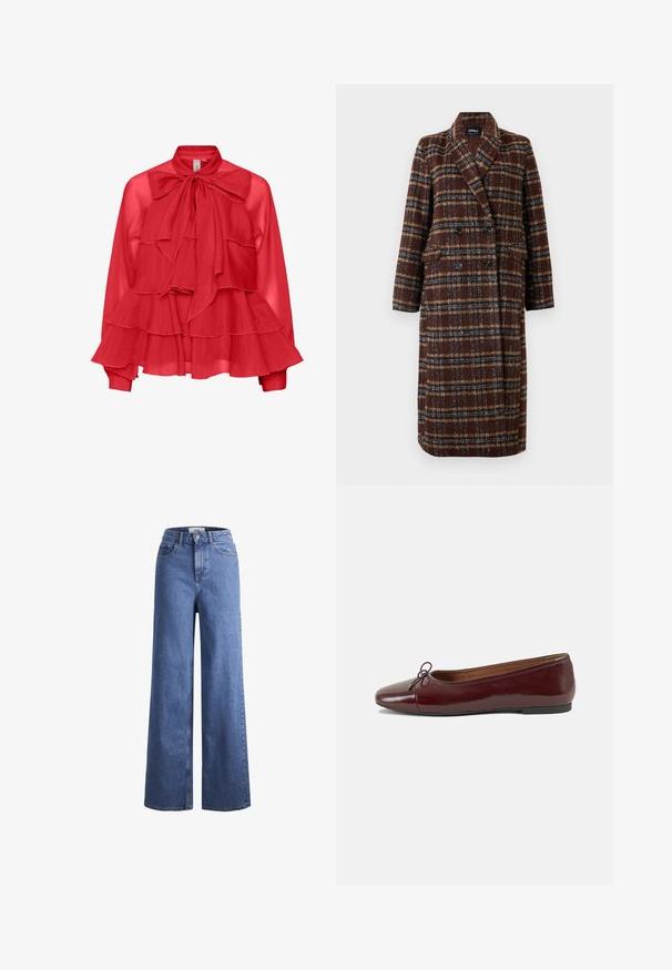 Dlouhý hnědý kostkovaný kabát na dvouřadé zapínání s klopovým límcem, černými knoflíky a kapsami s klopou, vystavený na bílém pozadí.; Červená průhledná blůza s kravatovým výstřihem, vrstveným designem s volány, dlouhými rukávy a detaily na manžetách. Lehká tkanina s volným siluetou.; Svetle modré denimové široké kalhoty s vysokým pasem, dvěma předními kapsami a viditelným švem. Obsahují knoflíkový a zipový uzávěr.; Burgundské lakové baleríny s kulatou špičkou, malou mašlí vpředu a nízkou černou gumovou podrážkou. Hladký povrch.
