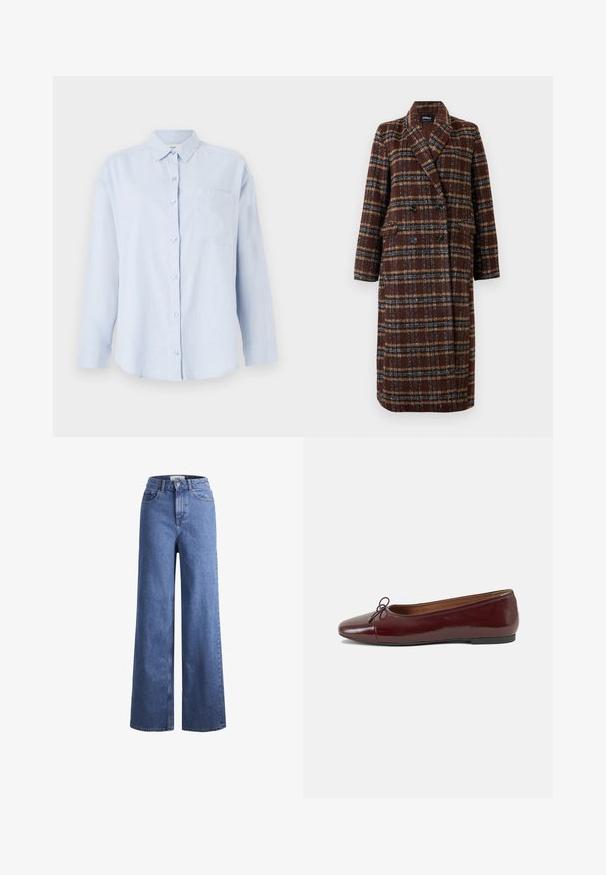 Casaco xadrez castanho de dupla face, com colarinho de lapela, botões pretos e bolsos de aba, exibido sobre um fundo branco.; Camisa de manga longa azul clara em mistura de linho, com fecho de botão à frente, colarinho e um único bolso no peito.; Jeans de ganga azul claro, de perna larga e cintura alta, com dois bolsos frontais e costuras visíveis. Apresenta um fecho de botão e zíper.; Bailarinas em couro sintético borgonha com bico redondo, pequeno laço na frente e sola baixa em borracha preta. Textura suave.