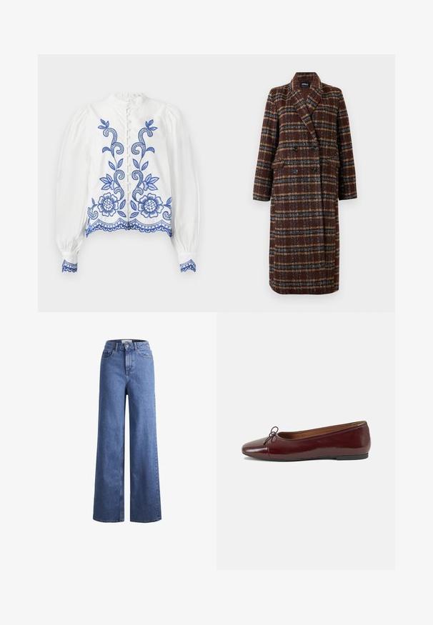 Long double-breasted brown plaid coat with lapel collar, black buttons, and flap pockets, displayed against a white background.; White blouse with blue floral embroidery, rounded collar, and puffed sleeves. Features a button closure and lace trim at the hem and cuffs.; Light blue denim wide-leg jeans with a high waist, two front pockets, and visible stitching. Features a button and zipper closure.; Burgundy patent leather ballet flat with a rounded toe, small bow accent at the front, and a low, black rubber sole. Smooth texture.