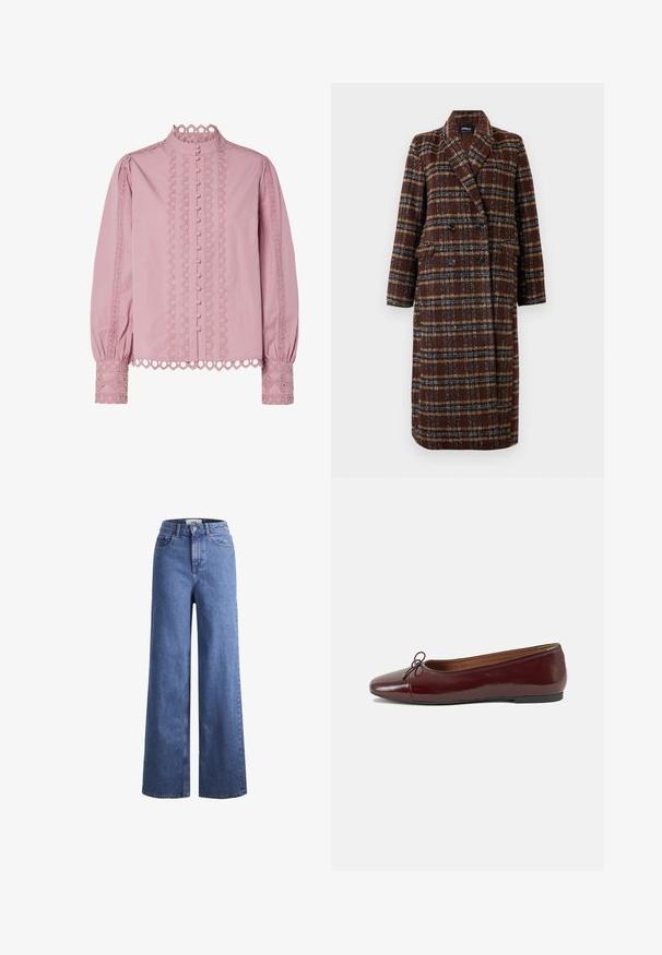 Dlouhý hnědý kostkovaný kabát na dvouřadé zapínání s klopovým límcem, černými knoflíky a kapsami s klopou, vystavený na bílém pozadí.; Růžová blůza s vysokým límcem, zapínáním na knoflíky a ozdobnou krajkou na rukávech a po stranách. Měkká tkanina s texturovaným detailem.; Svetle modré denimové široké kalhoty s vysokým pasem, dvěma předními kapsami a viditelným švem. Obsahují knoflíkový a zipový uzávěr.; Burgundské lakové baleríny s kulatou špičkou, malou mašlí vpředu a nízkou černou gumovou podrážkou. Hladký povrch.