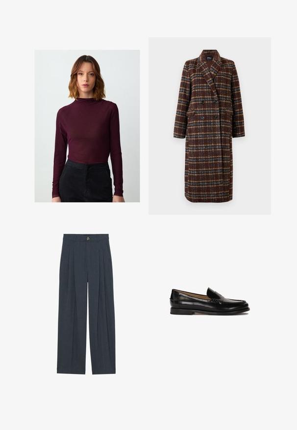 Long double-breasted brown plaid coat with lapel collar, black buttons, and flap pockets, displayed against a white background.; Maroon long-sleeve top with a mock neckline, soft texture, and form-fitting design, paired with black high-waisted pants.; Wide-leg trousers made of textured dark gray fabric, featuring front pleats, a button closure, and side pockets for added functionality.; Black leather loafer with a rounded toe, slip-on design, and subtle stitching details along the upper. Flat rubber sole.