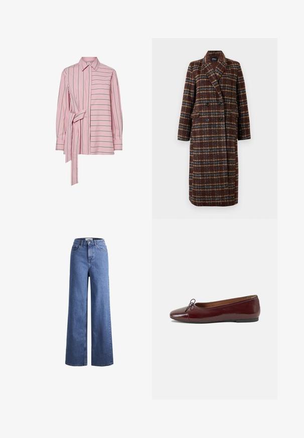 Pikk topeltkinnitatud pruuni ruudulise mustriga mantel, millel on krae, mustad nupud ja klapptaskud, esitatud valge tausta ees.; Roosa triibuline särk nupuvajutamise kujundusega, millel on seotud talje aksent ning kontrastsed horisontaalsed ja vertikaalsed triibumustrid. Puuvillane materjal.; Heled sinise denimist laiad jalad, kõrgema talje ja kahe eesmise taskuga, nähtavate õmblustega. Omab nuppu ja luku sulgemist.; Burgundi patendnahk kingad balletitüüpi, ümmarguse ninaosa, ees väike paelaaktsent ja madal must kummist tald. Sile tekstuur.