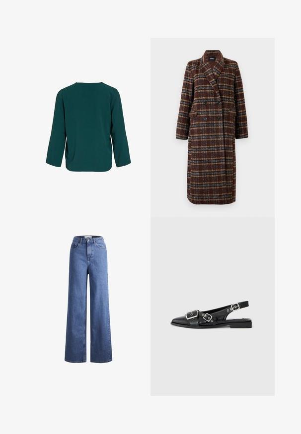 Cappotto lungo doppiopetto a quadri marrone con colletto a bavero, bottoni neri e tasche a soffietto, esposto su uno sfondo bianco.; Maglia a maniche lunghe di colore teal in tessuto testurizzato. Presenta un collo rotondo e una vestibilità morbida con cuciture delle spalle scese, senza chiusure visibili.; Jeans ampia in denim azzurro chiaro con vita alta, due tasche anteriori e cuciture in vista. Presentano una chiusura con bottone e zip.; Scarpa slingback in pelle nera con punta appuntita, due fibbie argentate e tacco basso a blocco. Presenta una tomaia testurizzata e un retro aperto.