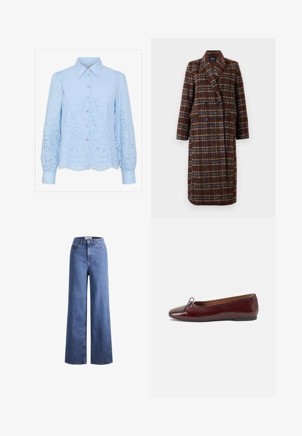 Cappotto lungo doppiopetto a quadri marrone con colletto a bavero, bottoni neri e tasche a soffietto, esposto su uno sfondo bianco.; Blusa azzurro chiaro con abbottonatura frontale, colletto appuntito, maniche lunghe a sbuffo e design ad occhio ricamato. Dettaglio dell'orlo scallop.; Jeans ampia in denim azzurro chiaro con vita alta, due tasche anteriori e cuciture in vista. Presentano una chiusura con bottone e zip.; Ballerine in pelle verniciata bordeaux con punta arrotondata, piccolo fiocco decorativo sulla parte anteriore e suola bassa in gomma nera. Texture liscia.