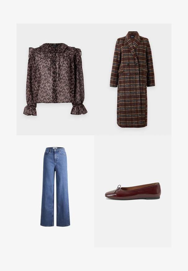 Palton lung, dublu-botonat, din material cu carouri maro, cu guler tip rever, nasturi negri și buzunare cu clapă, expus pe un fundal alb.; Bluză neagră transparentă cu imprimeu floral roz, guler ondulat, închidere cu nasturi și mâneci strânse cu tivuri evazate.; Jeans din denim de culoare albastră deschisă, cu croială largă și talie înaltă, prevăzuți cu două buzunare frontale și cusături vizibile. Au închidere cu nasture și fermoar.; Balerini din piele patent burgund cu vârful rotund, accent de fundiță mică în față și talpă joasă din cauciuc negru. Textură netedă.