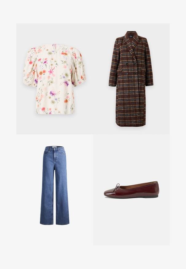 Hosszú, dupla soros barna kockás kabát, kapucnis gallérral, fekete gombokkal és hajtókás zsebekkel, fehér háttér előtt bemutatva.; Virágmintás blúz puffos ujjakkal, krém színű háttérrel és rózsaszín, lila és zöld árnyalatú színpompás virágmintákkal.; Világoskék, széles szárú farmernadrág magas derékkal, két elülső zsebbel és látható varrással. Gombos és cipzáros záródás.; Burgundi lakkbőr balettcipő kerek orral, elöl kis masni díszítéssel és alacsony, fekete gumi talppal. Simára csiszolt felület.