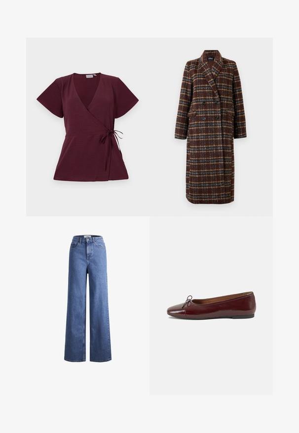 Pikk topeltkinnitatud pruuni ruudulise mustriga mantel, millel on krae, mustad nupud ja klapptaskud, esitatud valge tausta ees.; Burgundia värvi särk lühikeste varrukatega, V-kujuline kaelus, õhukese detailiga vööl ja tekstureeritud kangas. Lihtne ja mitmekülgne disain.; Heled sinise denimist laiad jalad, kõrgema talje ja kahe eesmise taskuga, nähtavate õmblustega. Omab nuppu ja luku sulgemist.; Burgundi patendnahk kingad balletitüüpi, ümmarguse ninaosa, ees väike paelaaktsent ja madal must kummist tald. Sile tekstuur.