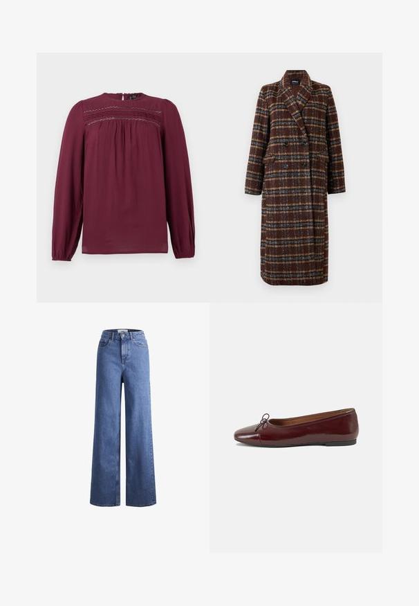 Hosszú, dupla soros barna kockás kabát, kapucnis gallérral, fekete gombokkal és hajtókás zsebekkel, fehér háttér előtt bemutatva.; Burgundi blúz hosszú ujjakkal, kerek nyakkivágással és redőzött részletekkel a mell részen. Simább anyag, enyhe textúrával és lágy eséssel.; Világoskék, széles szárú farmernadrág magas derékkal, két elülső zsebbel és látható varrással. Gombos és cipzáros záródás.; Burgundi lakkbőr balettcipő kerek orral, elöl kis masni díszítéssel és alacsony, fekete gumi talppal. Simára csiszolt felület.