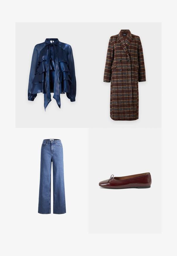 Hosszú, dupla soros barna kockás kabát, kapucnis gallérral, fekete gombokkal és hajtókás zsebekkel, fehér háttér előtt bemutatva.; Tengerészkék selyemblúz fodros rétegekkel, masni gallérral és hosszú ujjakból álló, húzott mandzsettával. Simább textúra és könnyű kialakítás.; Világoskék, széles szárú farmernadrág magas derékkal, két elülső zsebbel és látható varrással. Gombos és cipzáros záródás.; Burgundi lakkbőr balettcipő kerek orral, elöl kis masni díszítéssel és alacsony, fekete gumi talppal. Simára csiszolt felület.