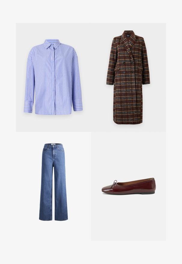 Long double-breasted brown plaid coat with lapel collar, black buttons, and flap pockets, displayed against a white background.; Light blue button-up shirt with vertical stripes and dotted accents. Features a collar, long sleeves, and a straight cut. Soft fabric.; Light blue denim wide-leg jeans with a high waist, two front pockets, and visible stitching. Features a button and zipper closure.; Burgundy patent leather ballet flat with a rounded toe, small bow accent at the front, and a low, black rubber sole. Smooth texture.