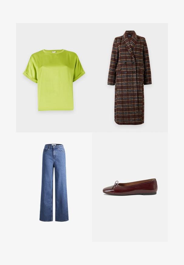 Duga dvoslojna smeđa kaput s kariranim uzorkom, s reverima, crnim gumbima i džepovima s preklopom, prikazana na bijeloj pozadini.; Svijetlozelena majica kratkih rukava s okruglim izrezom. Glatka, sjajna tkanina s opuštenim krojem. Uvijeni rubovi i ravni donji rub.; Svijetloplavi traper široki traperice s visokim strukom, dva prednja džepa i vidljivim šavovima. Imaju kopčanje na gumb i patentni zatvarač.; Burgundska lakirana balerinka s zaobljenim vrhom, malim mašnom sprijeda i niskom, crnom gumenom potplatu. Glatka tekstura.