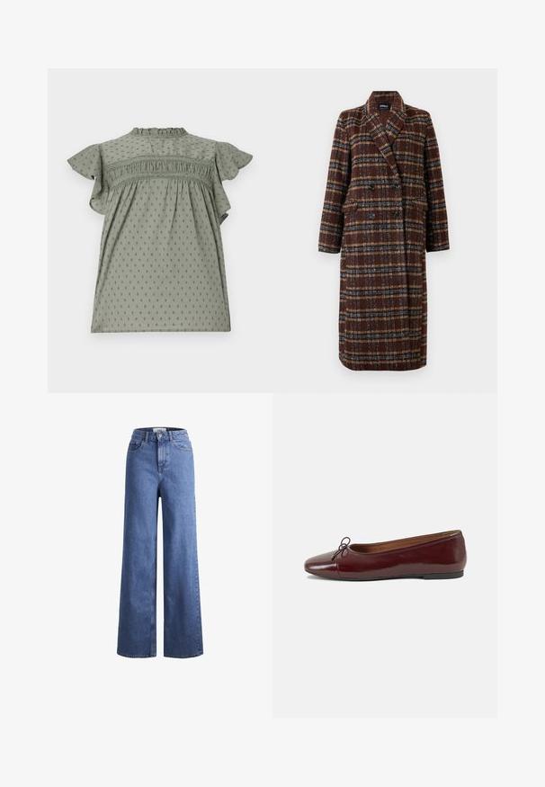 Gara divrindas brūna raibā mētelis ar atloku apkakli, melniem pogām un kabatām ar vāciņu, izstādīta pret baltu fona.; Zaļa kleita ar īsām volāniem piedurknēm, teksturēta auduma ar punktiņu rakstu, savāktas detaļas pie krūtīm un augsta kakla izgriezums.; Gai zili džinsi ar platu kāju un augstu jostu, divas priekšējās kabatas un redzamu šuvju. Iekļauj pogas un rāvējslēdzēja aizdari.; Burgundijas laku ādas baleta kurpes ar noapaļotu purngalu, nelielu loku akcentu priekšā un zemu melnu gumijas zoli. Gluda tekstūra.