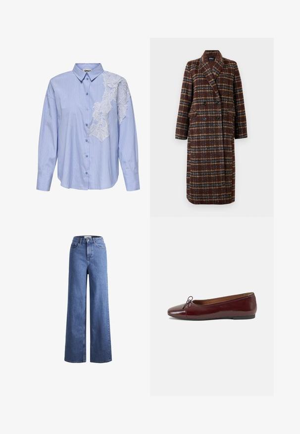 Long double-breasted brown plaid coat with lapel collar, black buttons, and flap pockets, displayed against a white background.; Light blue striped long-sleeve shirt with a lace overlay on the left shoulder. Features a classic collar and button closure.; Light blue denim wide-leg jeans with a high waist, two front pockets, and visible stitching. Features a button and zipper closure.; Burgundy patent leather ballet flat with a rounded toe, small bow accent at the front, and a low, black rubber sole. Smooth texture.